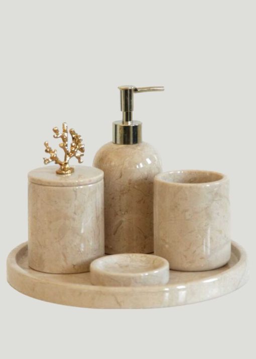 اکسسوار ست حمام 5تکه سنگ مرمر طلایی بژ کلاسیک برند CEVA MERMER کد 1698568619