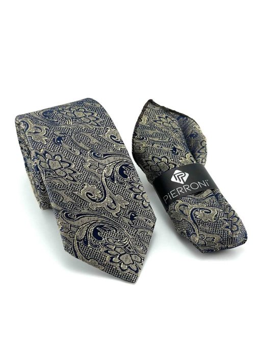 کراوات با دستمال طرح‎دار سرمه ای بژ برند PİERRONİ کد 1700596647