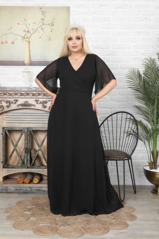 لباس مجلسی شیفون یقه بلند سایز بزرگ مشکی زنانه برند VOLİNAY TEKSTİL کد 1700609359