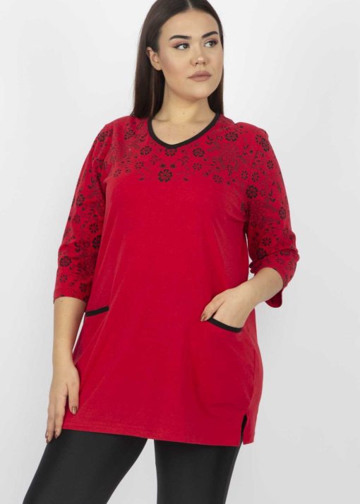 بلوز پارچه پنبه ای طرح‎دار جیبدار سایز بزرگ قرمز زنانه برند Şans کد 1700894714