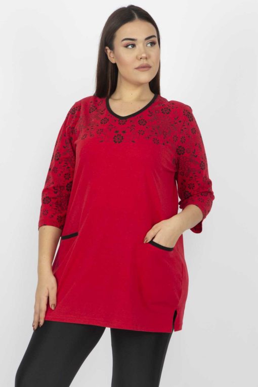 بلوز پارچه پنبه ای طرح‎دار جیبدار سایز بزرگ قرمز زنانه برند Şans کد 1700894714