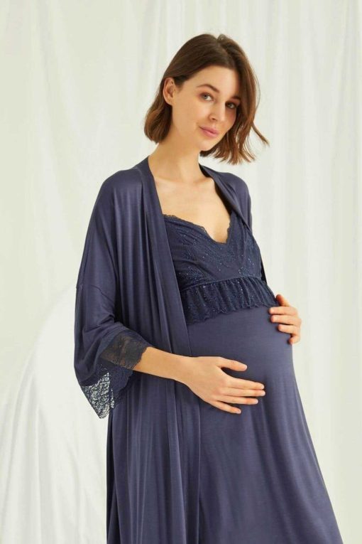 لباس شب زیور آلات شیردهی قابل تنظیم بلند و گشاد توری سرمه ای بارداری بند‎دار زنانه برند MONAMİSE کد 1700531776