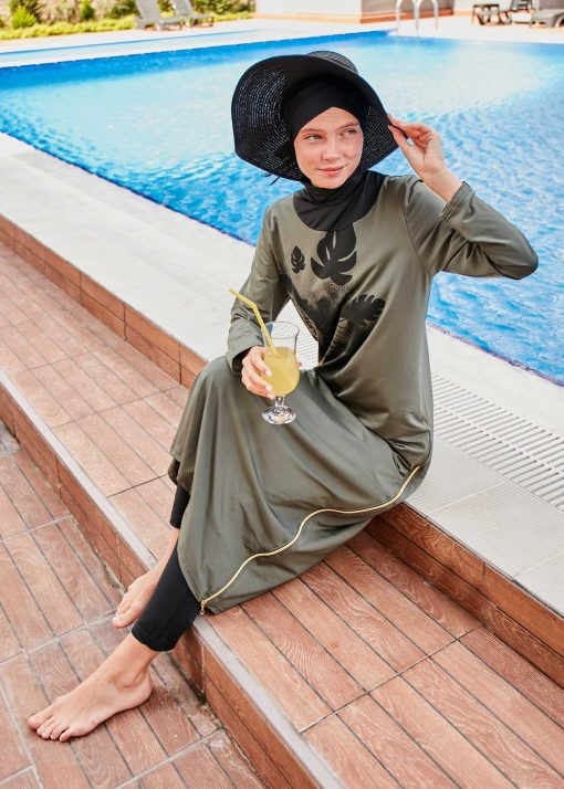 مایو اسلامی پوشیده کامل برگ طرح‎دار یشمی زیپدار برند Marina کد 1700468245