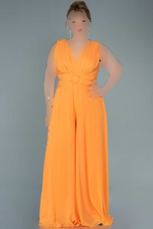 سرهمی لباس مجلسی سایز بزرگ شیفون بدون آستین نارنجی مدل اسپانیایی برند Abiyefon کد 1701347011
