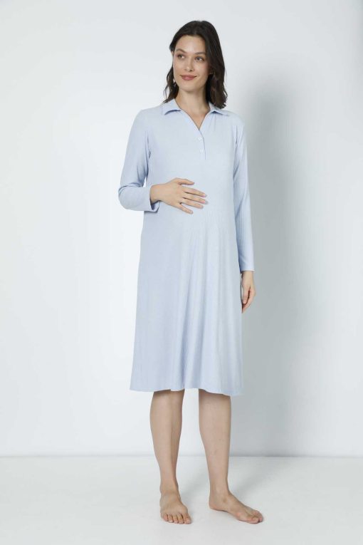لباس شب بافتنی پارچه پنبه ساده آستین بلند آبی بارداری برند Miss Dünya Lissa کد 1700446099