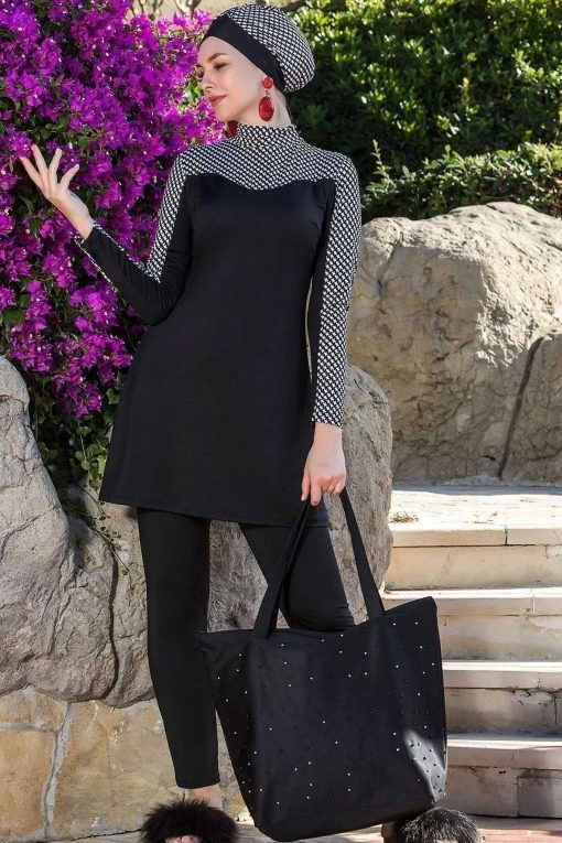 مایو اسلامی پوشیده کامل لایکرا طرح‎دار آستین بلند مشکی زنانه برند hazelin کد 1700368694