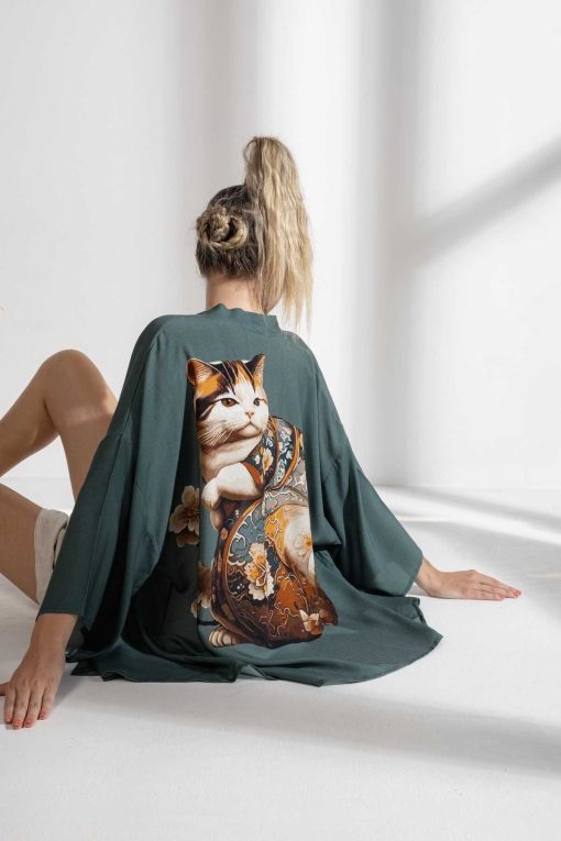 کت گلدار ژاپنی طراحی گربه سبز قهوه پایدار مردانه کیمونو زن برند haori کد 1703246540