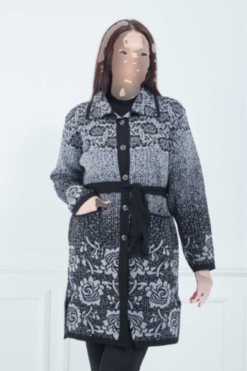 بافتنی زمستانی جیب دار دکمه‎دار بلند طرح‎دار طوسی کمربند زنانه برند Elçelya Moda کد 1703298740