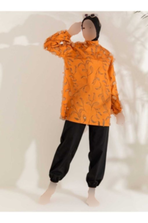 مایو اسلامی پوشیده خال خالی نارنجی مشکی برگدار برند Mayo Bella کد 1706885591