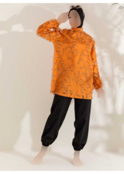 مایو اسلامی پوشیده خال خالی نارنجی مشکی برگدار برند Mayo Bella کد 1706918954