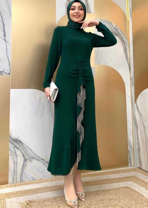 لباس مجلسی طرح زنجیر‎دار والان‎دار سبز (زمرد) زنانه برند TRENDTESETTÜR کد 1711800185