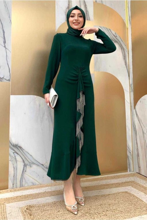 لباس مجلسی طرح زنجیر‎دار والان‎دار سبز (زمرد) زنانه برند TRENDTESETTÜR کد 1711800185