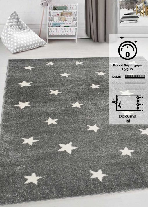 فرش بچه گانه بافته شده کلفت ستاره دار کوچک طوسی برند Odeon Halı کد 1710151417