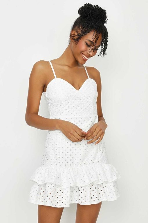 پیراهن گلدوزی شده چین‎دار سفید بند‎دار زنانه برند Select Moda کد 1712767403