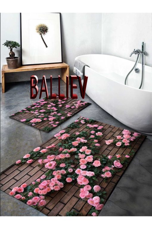 زیرپایی فرش حمام قابل شستشو کف لیز نمیخورد طرح‎دار گل‎دار صورتی برند balliev کد 1715391064